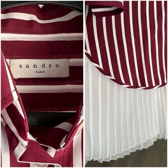 RRP $470 SANDRO Paris Melia Pleated-hem Striped Shirt Dress SZ 36 Small - Picture 3 of 5